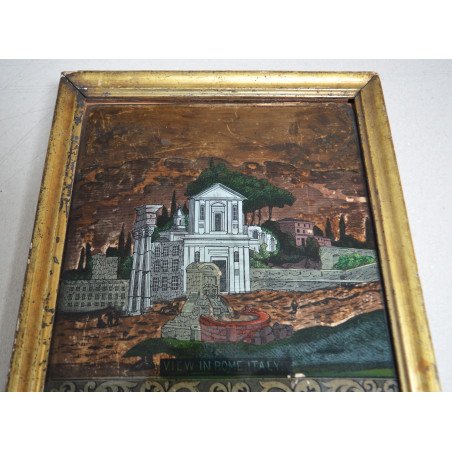 "View of Rome" engraving transferred onto glass and hand-coloured, England, circa 1800