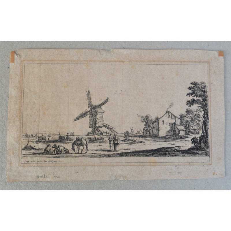 Stefano della Bella "Peisaj cu moara de vant" gravura 1643