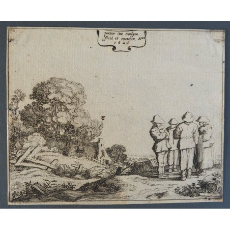 Pieter de Molijn "Landscape with Figures" antique engraving, 1626