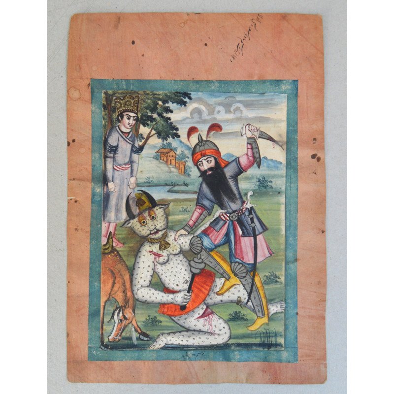 "Rostam omorand demonul Alb" tempera/guasa Iran (Persia) scoala Qajar cca 1850