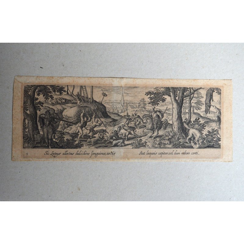 Hans Bol "Vanatoare de lupi" gravura veche 1550-1599