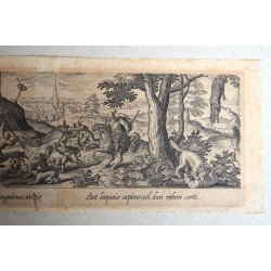 Hans Bol "Vanatoare de lupi" gravura veche 1550-1599