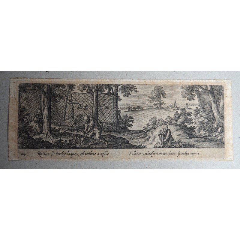 Hans Bol "Capcanele vechi cu plasa pentru potarnichi" gravura veche 1550-1599