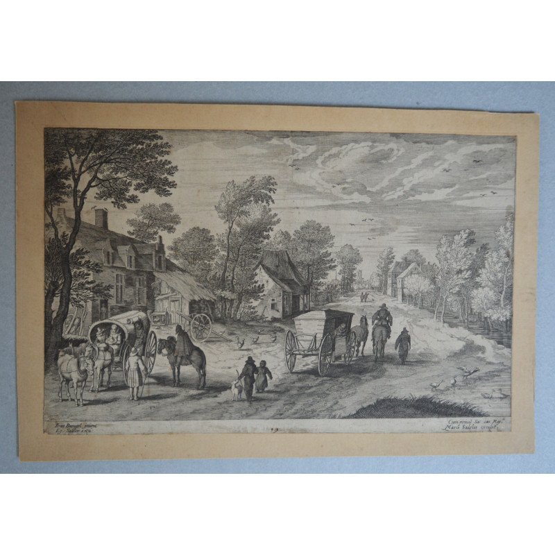 Jan Brueghel cel Batran "Drum de tara cu carute " gravura veche 1600-1604