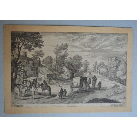 Jan Brueghel the Elder "Country Road with Carts" antique engraving, 1600-1604