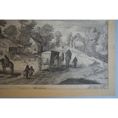 Jan Brueghel the Elder "Country Road with Carts" antique engraving, 1600-1604