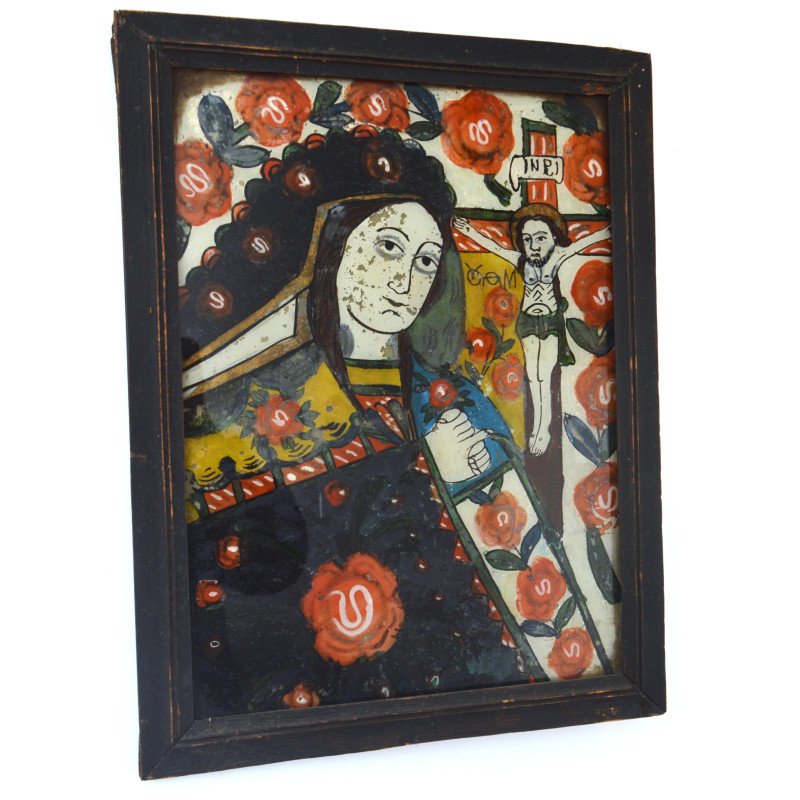"The Sorrowful Mother of God" icon on glass,...