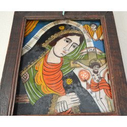 "Maica Domnului Indurerata" icoana pe sticla de Scheii Brasovului sfarsit de secol XIX