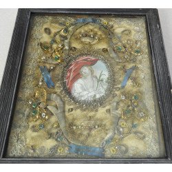 Pictură cu Iisus Hristos pe pergament înconjurată de moaște Spania, sec. XVII–XVIII