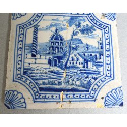 Placa de Delft cu biserica si columna secolul XVIII
