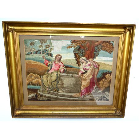 "The Samaritan Woman at the Well" silk and wool thread embroidery, England, circa 1800