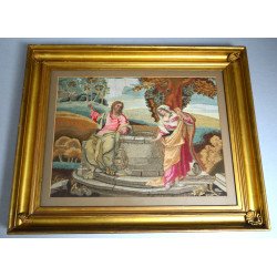 „Samariteanca la fântână” broderie cu mătase și fir de lână, Anglia, cca. 1800