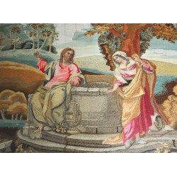 „Samariteanca la fântână” broderie cu mătase și fir de lână, Anglia, cca. 1800