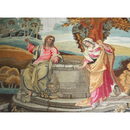 "The Samaritan Woman at the Well" silk and wool thread embroidery, England, circa 1800