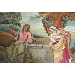 „Samariteanca la fântână” broderie cu mătase și fir de lână, Anglia, cca. 1800