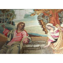 „Samariteanca la fântână” broderie cu mătase și fir de lână, Anglia, cca. 1800