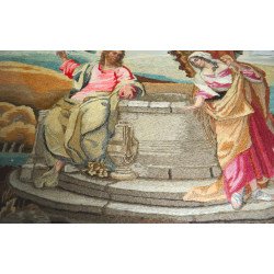 „Samariteanca la fântână” broderie cu mătase și fir de lână, Anglia, cca. 1800