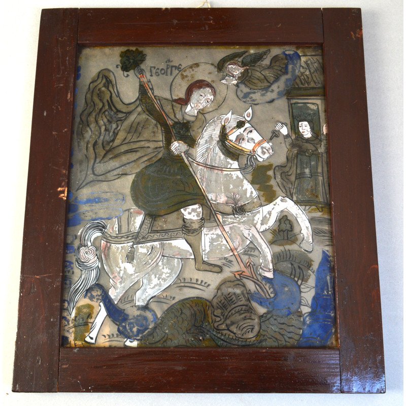 "Sfantul Gheorghe" icoana pe sticla atelierul familiei Oancea, Saliste, prima jumătate a sec. XIX