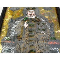 "Sfantul Nicolae" icoana pe glaja atelierul familiei Oancea, Saliste, cca 1830-40