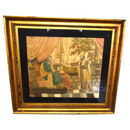 "Dumnezeu mustră pe David prin Natan" broderie cu fir de matase cca 1800