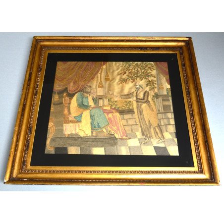"Dumnezeu mustră pe David prin Natan" broderie cu fir de matase cca 1800