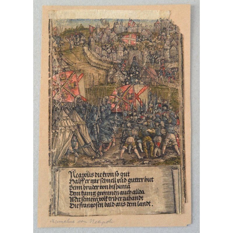 „Xilogravură germană sec. XVI – scenă de asediu, colorată manual, cercul Albrecht Dürer”