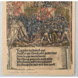 „Xilogravură germană sec. XVI – scenă de asediu, colorată manual, cercul Albrecht Dürer”