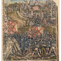 „Xilogravură germană sec. XVI – scenă de asediu, colorată manual, cercul Albrecht Dürer”