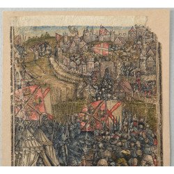 „Xilogravură germană sec. XVI – scenă de asediu, colorată manual, cercul Albrecht Dürer”