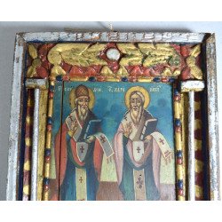 "Sfinții Nifon și Haralamb" icoana pe lemn atelier moldovenesc de factura baroca 1881