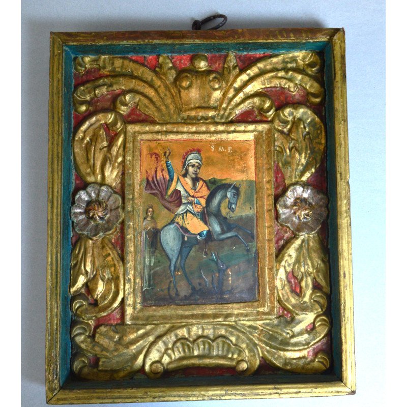 "Sf Gheorghe omorând balaurul" icoana pe lemn atelier moldovenesc tempera și foita de aur secol 19