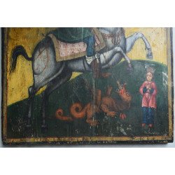 "Sfântul Gheorghe omorând balaurul" icoana pe lemn atelier moldovenesc de factura baroca datata cca. 1871 semnată