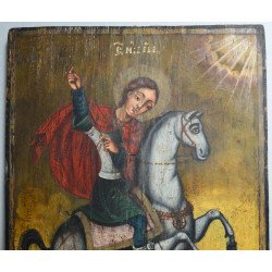 "Sfântul Gheorghe omorând balaurul" icoana pe lemn atelier moldovenesc de factura baroca datata cca. 1871 semnată