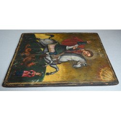 "Sfântul Gheorghe omorând balaurul" icoana pe lemn atelier moldovenesc de factura baroca datata cca. 1871 semnată