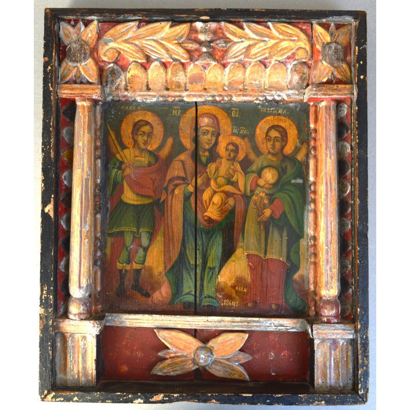 "Maica Domnului cu Pruncul și Sfinții Arhangheli" icoana veche de factura baroca tempera și foita de aur pe lemn Moldova 1864