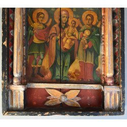 "Maica Domnului cu Pruncul și Sfinții Arhangheli" icoana veche de factura baroca tempera și foita de aur pe lemn Moldova 1864