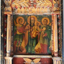 "Maica Domnului cu Pruncul și Sfinții Arhangheli" icoana veche de factura baroca tempera și foita de aur pe lemn Moldova 1864