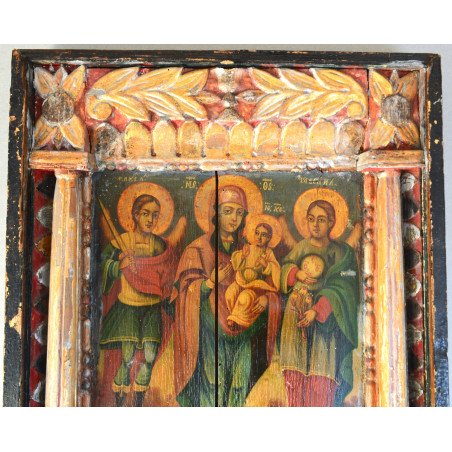 "The Mother of God with the Child and the Holy Archangels" antique Baroque-style icon, tempera and gold leaf on wood, Moldavia, 
