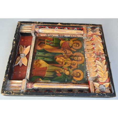 "The Mother of God with the Child and the Holy Archangels" antique Baroque-style icon, tempera and gold leaf on wood, Moldavia, 