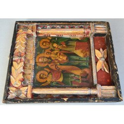 "Maica Domnului cu Pruncul și Sfinții Arhangheli" icoana veche de factura baroca tempera și foita de aur pe lemn Moldova 1864