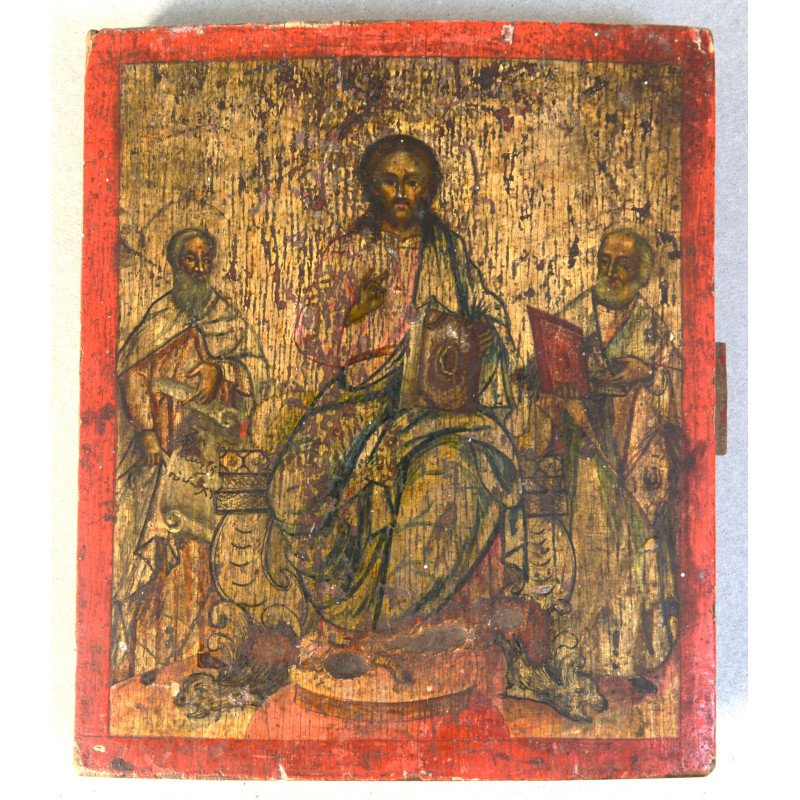 "Iisus Pantocrator cu sfinții Vasile și Nicolae" icoana fanariota de factura greceasca sfarsit de secol 18