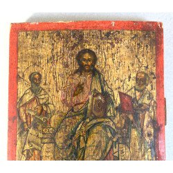 "Iisus Pantocrator cu sfinții Vasile și Nicolae" icoana fanariota de factura greceasca sfarsit de secol 18