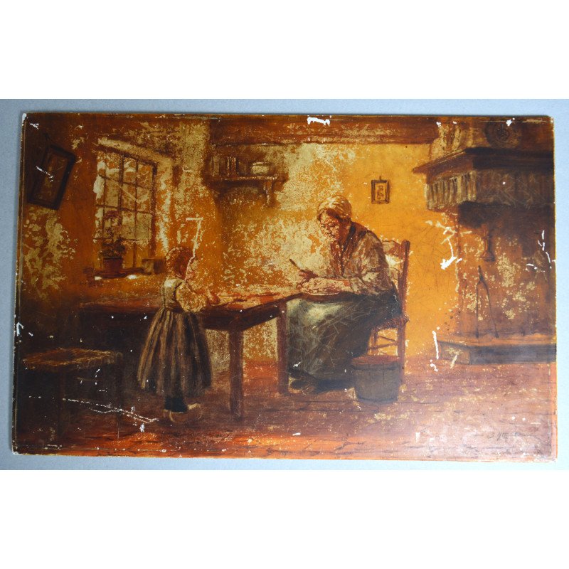"Scena de interior" veche pictura ulei pe placa de portelan