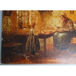"Scena de interior" veche pictura ulei pe placa de portelan