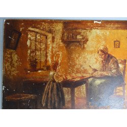 "Scena de interior" veche pictura ulei pe placa de portelan