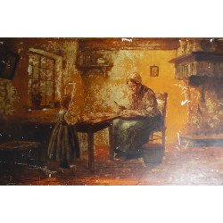"Scena de interior" veche pictura ulei pe placa de portelan