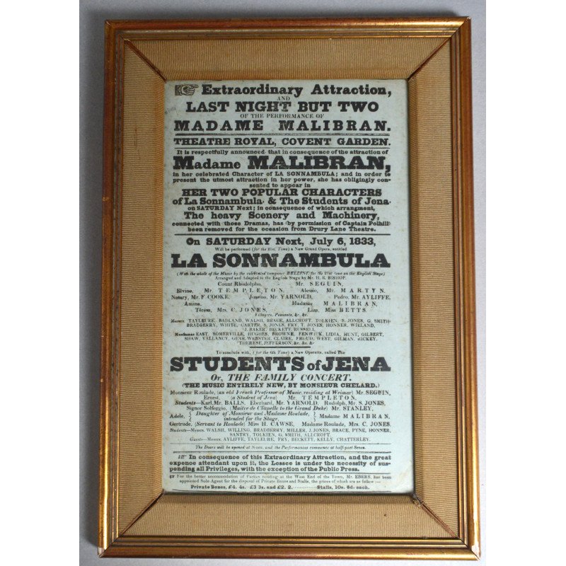 Afiș original 1833 – Maria Malibran – „La Sonnambula” – Theatre Royal Londra – rar