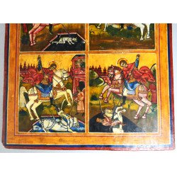 "Sfinții Mina , Gheorghe, Dimitrie și Arhanghelul Mihail înger al Apocalipsei" tempera grasa pe lemn secolul 19