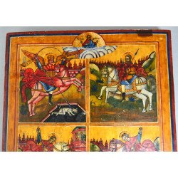 "Sfinții Mina , Gheorghe, Dimitrie și Arhanghelul Mihail înger al Apocalipsei" tempera grasa pe lemn secolul 19