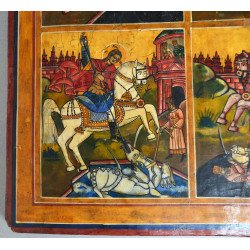 "Sfinții Mina , Gheorghe, Dimitrie și Arhanghelul Mihail înger al Apocalipsei" tempera grasa pe lemn secolul 19